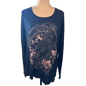 Rock & Republic Black Fringe Back Graphic Print Long Sleeve T-Shirt Size L